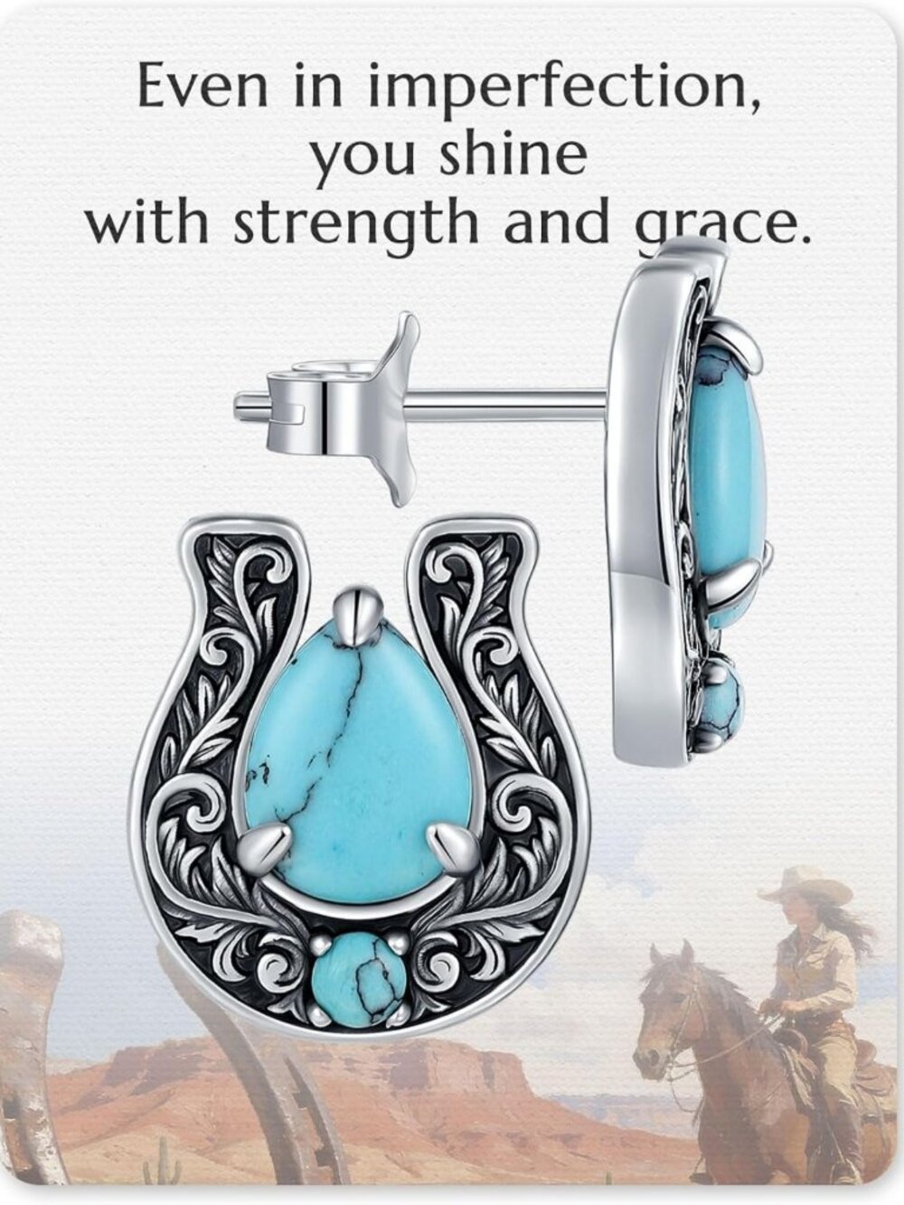 Turquoise Horse Shoe Stud Earrings - 925 Sterling Silver Vintage Western Jewelry